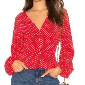 Free People Blouse, Long Sleeve, Love Street Red & White Polka Dot, Medium